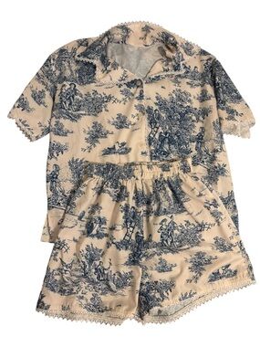 Cider Toile Print Pajama Set Cream Blue Size M Cottagecore Coquette Loungewear